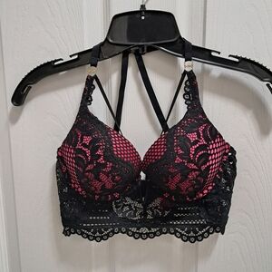 La Senza Plunge Bra Black Pink Lace Women's Size 32B Sexy Adjustable